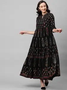 FASHOR Black & Gold-Coloured Ethnic Motifs Printed & Embroidered Ethnic Maxi Dress
