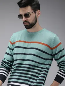Roadster Men Mineral Blue & Navy Blue Striped Acrylic Pullover