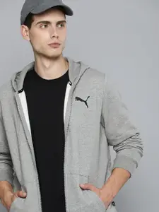 Puma Men Grey Melange SolidEssentials Small Logo Full-Zip Hooded Track Jacket