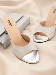 Anouk Silver-Toned Shimmery Textured Open-Toe Block Heels