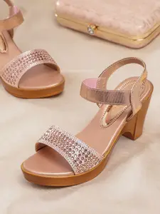 Anouk Rose Gold-Toned Embellished Party Open-Toe Block Heels