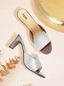 Anouk Silver-Toned Shimmery Textured Party Open-Toe Block Heels