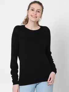 Vero Moda Women Black Solid Round-Neck Pullover Sweater
