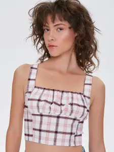 FOREVER 21 White & Brown Checked Fitted Crop Top