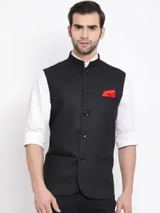VASTRAMAY Men Black Solid Slim-Fit Woven Nehru Jacket