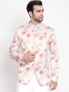 VASTRAMAY Men Peach-Coloured & Pink Floral Digital Printed Slim-Fit Bandhgala Blazer