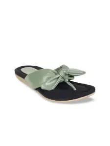 Monrow Women Olive Green T-Strap Flats with Bows