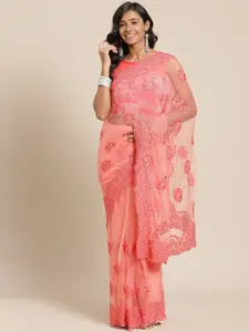 Chhabra 555 Pink Floral Embroidered Net Heavy Work Saree