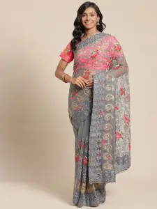 Chhabra 555 Grey & Golden Ethnic Embroideered Net Saree