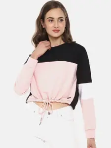 Campus Sutra Women Black & Pink Colourblocked Sweatshirt