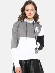 Campus Sutra Women Grey & White Colourblocked Hooded Sweatshirt