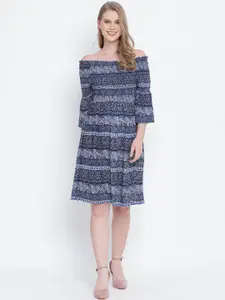 Oxolloxo Blue Ethnic Motifs Off-Shoulder Crepe Dress