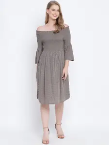 Oxolloxo Grey Ethnic Motifs Off-Shoulder Crepe Dress