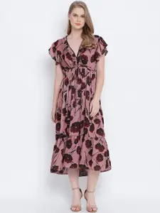 Oxolloxo Brown & Maroon Floral Satin Midi Dress