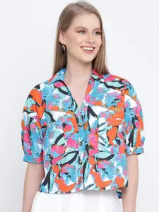 Oxolloxo Women Blue Boxy Opaque Printed Casual Shirt