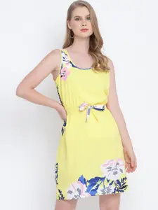 Oxolloxo Yellow & Blue Floral Printed Satin A-Line Dress