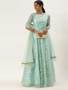 Ethnovog Sea Green Embellished Net Maxi Dress with Dupatta