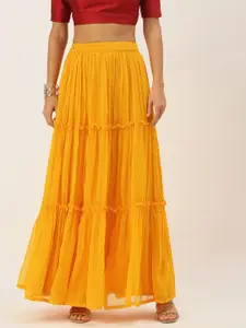 Ethnovog Women Mustard Yellow Solid Made To Measure Tiered Skirt