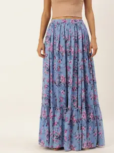Ethnovog Women Blue  Pink Made To Measure Floral Digital Print Maxi Tiered Skirt