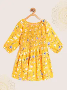Biba Girls Yellow & White Floral Print Off-Shoulder Smocked Fit & Flare Dress