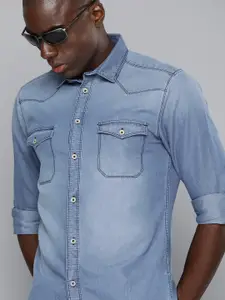 The Indian Garage Co Men Blue Slim Fit Faded Opaque Faded Casual Shirt