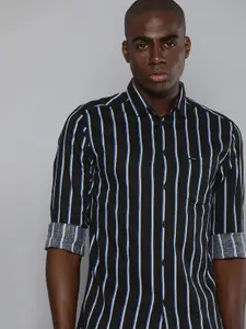 The Indian Garage Co Men Black Slim Fit Opaque Striped Casual Shirt