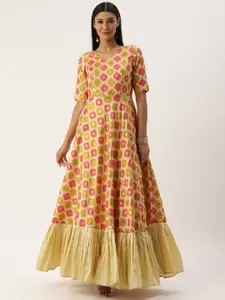 Ethnovog Off White  Yellow Ethnic Motifs Maxi Dress