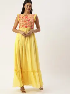 Ethnovog Yellow Floral Embroidered Georgette Maxi Dress
