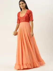 Ethnovog Ethnovog Peach-Coloured Colourblocked Georgette Maxi Dress