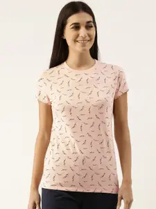 Enamor Women Pink Printed Slim Fit T-shirt