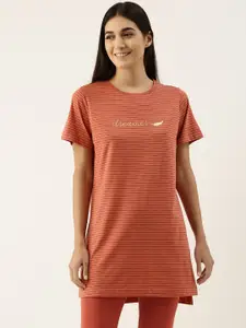 Enamor Women Striped Round Neck Longline Cotton Tunic T-shirt