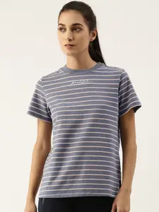 Enamor Women Navy Blue Striped Relaxed Fit Antimicrobial Outdoor Active T-shirt