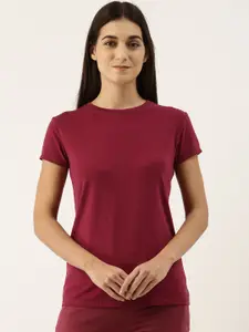 Enamor Women Burgundy Slim Fit Outdoor T-shirt