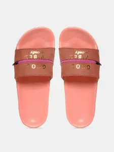 FREECO Women Pink & Gold-Toned Printed Sliders