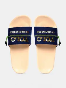 FREECO Women Blue & Gold-Toned Printed Sliders