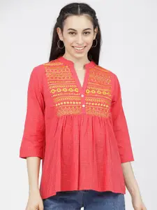 Vishudh Mustard Yellow & Pink Geometric Embroidered Gathered Pure Cotton A-Line Top