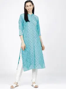 Vishudh Women Turquoise Blue & White Geometric Printed Straight Kurta