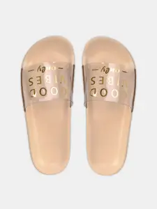 FREECO Women Beige Transparent Printed Slider Flip Flops