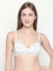 Lady Love Women White Printed Full-Coverage Non Wired T-Shirt Bra