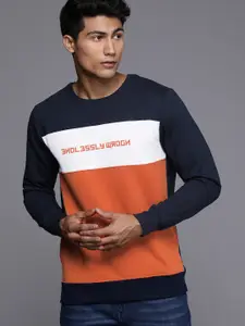 WROGN Men Navy Blue & Orange Slim Fit Colourblocked Sweatshirt