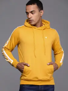 WROGN Men Mustard Yellow Side Printed Hooded Pullover Sweatshirt