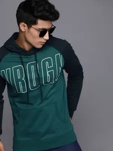 WROGN Men Teal Green Brand Logo Printed Hooded Contrast Sleeve Sweatshirt