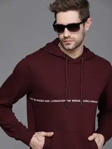 WROGN Men Maroon Brand Logo Printed Hooded Sweatshirt