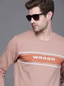 WROGN Men Peach-Coloured Logo Printed Sweatshirt