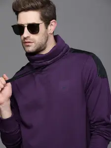WROGN Men Purple Solid High Neck Sweatshirt