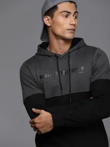 WROGN Men Grey & Black Colourblocked Hooded Sweatshirt