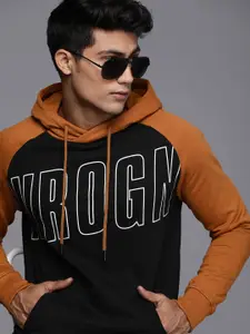WROGN Men Black Brand Logo Printed Hooded Contrast Sleeves Sweatshirt
