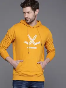 WROGN Men Mustard Yellow Brand Logo Printed Hooded Pullover Sweatshirt