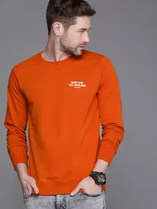 WROGN Men Rust Orange Printed Detail Pullover Sweatshirt