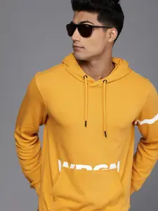 WROGN Men Mustard Yellow Brand Logo Printed Hooded Sweatshirt